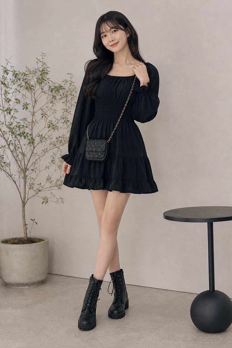 Outfit with Womens Square Neck Summer Dresses Long Lantern Sleeve Ruffle A-Line, Women's Combat Boots Lace-up Ankle Boots, Small Quilted Crossbody Bag, Trendy Designer Shoulder Bag curated by @dopasnap