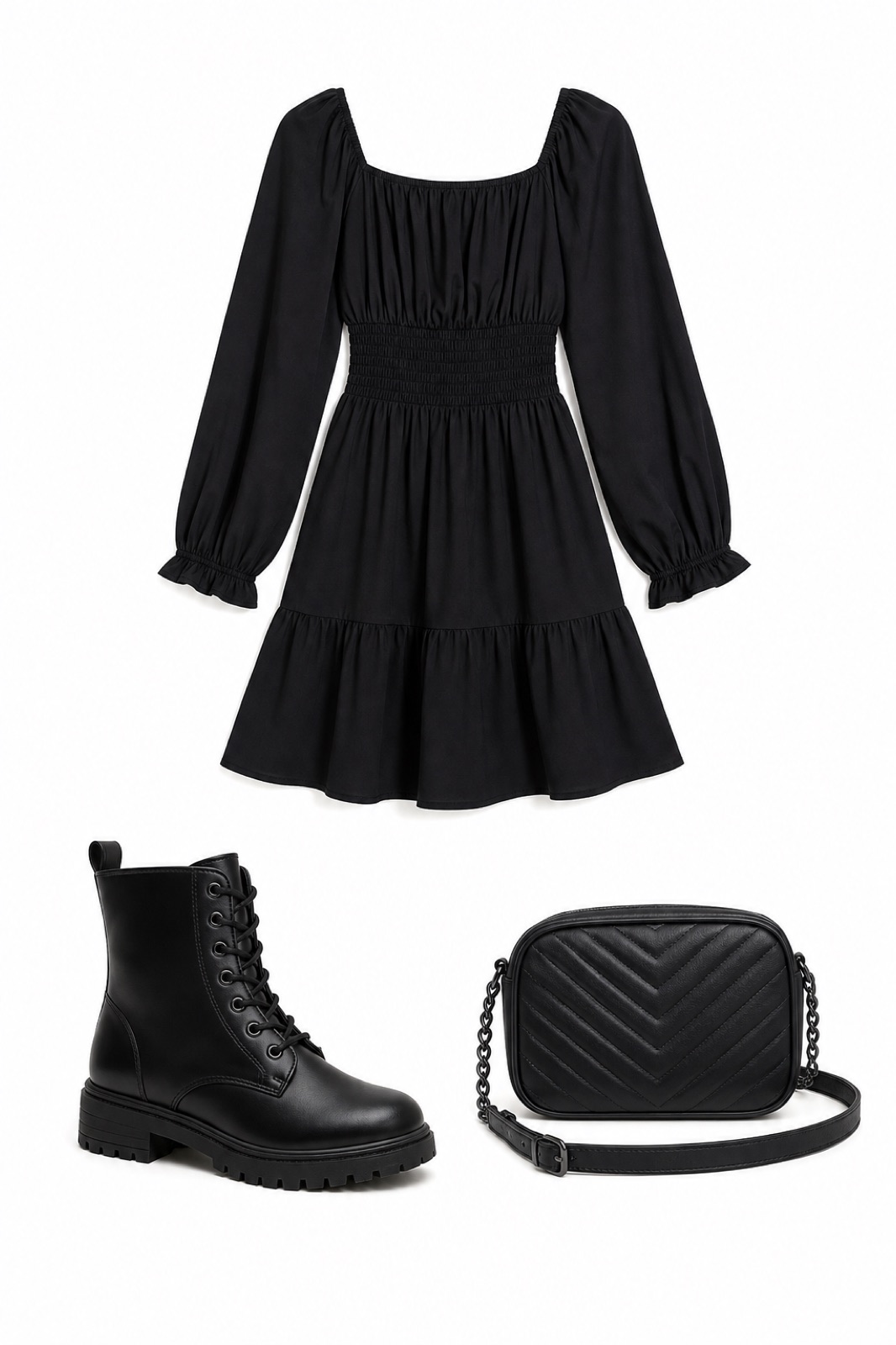 Outfit with Womens Square Neck Summer Dresses Long Lantern Sleeve Ruffle A-Line, Women's Combat Boots Lace-up Ankle Boots, Small Quilted Crossbody Bag, Trendy Designer Shoulder Bag curated by @dopasnap