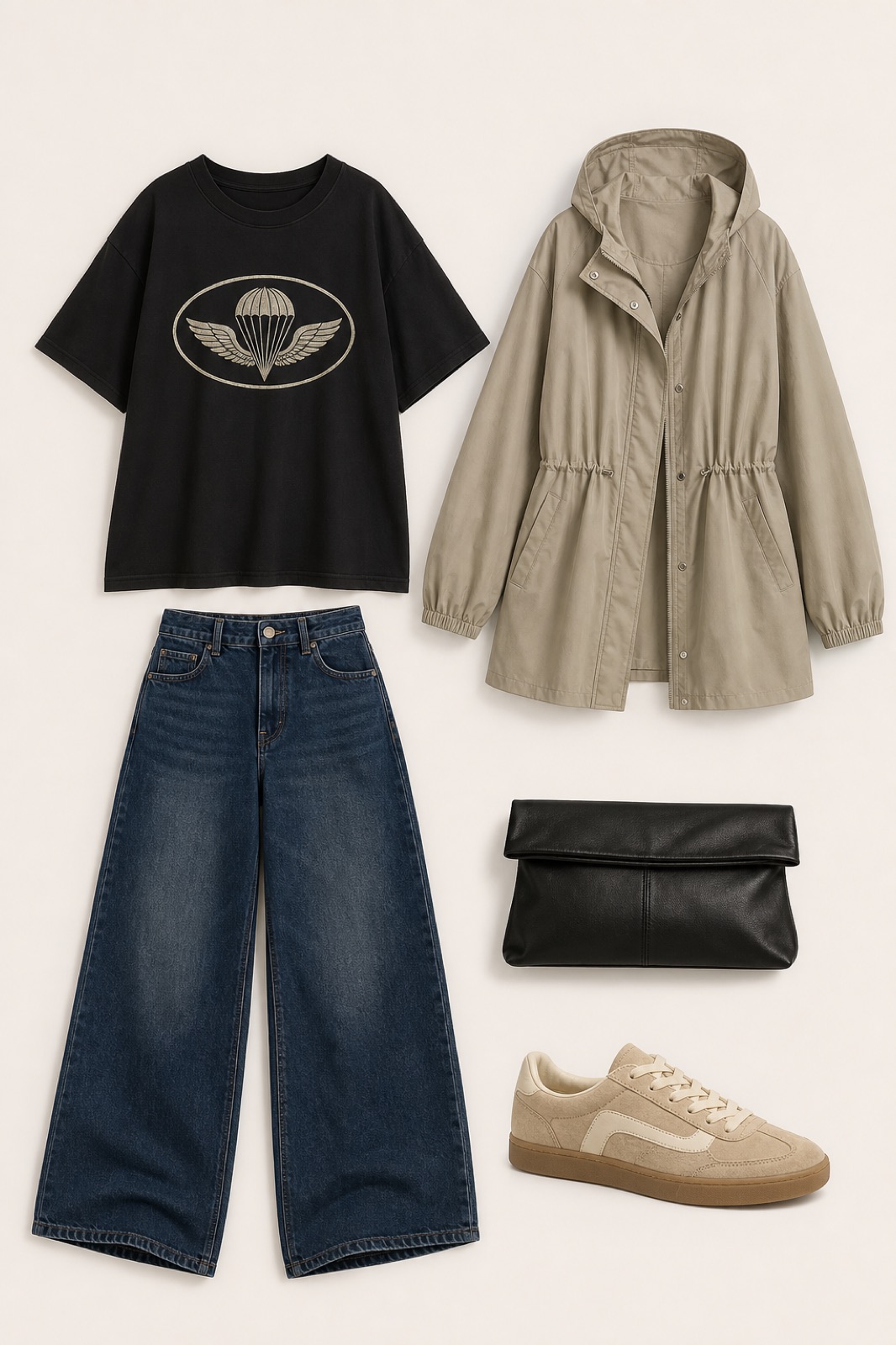 Outfit with Black airborne badge oversized tee, dark blue wide-leg denim jeans, Khaki Hooded Lightweight Raincoat curated by @dopasnap