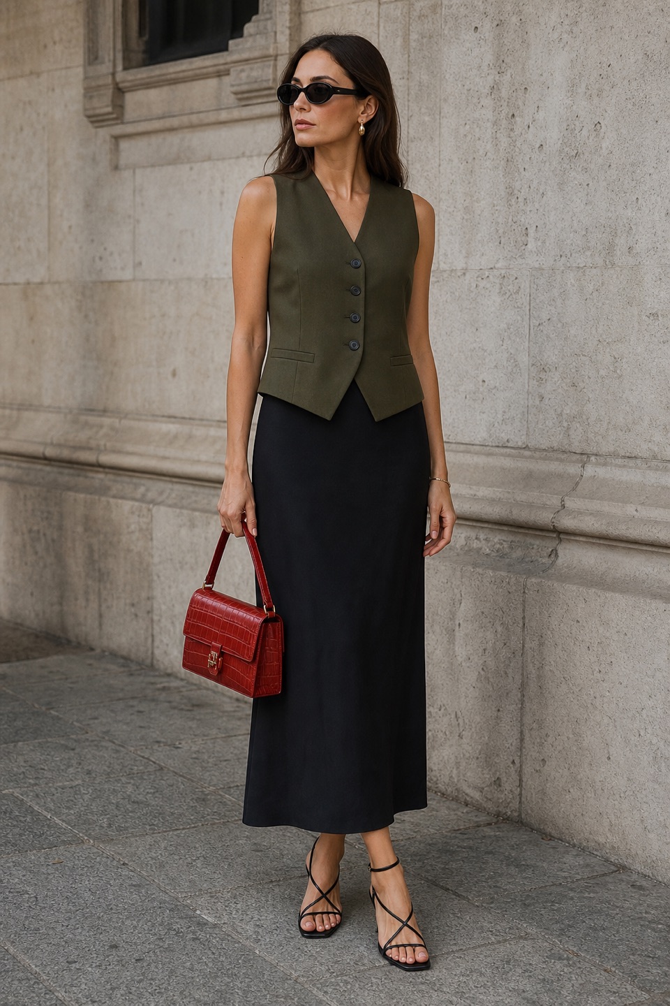 Outfit with Black Dress, Fancy vest Olive green, Black strappy leather heel sandals curated by @dopasnap