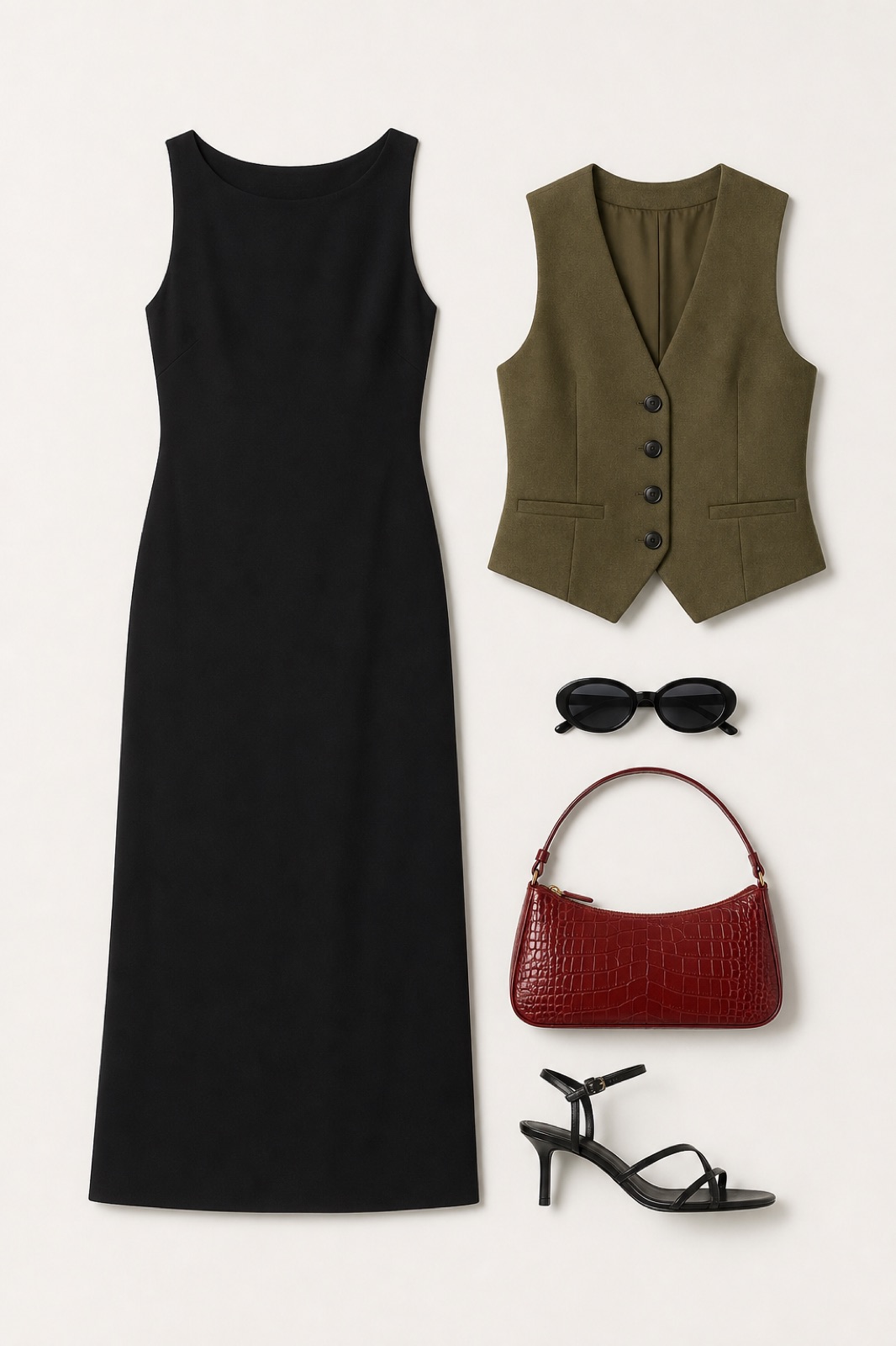 Outfit with Black Dress, Fancy vest Olive green, Black strappy leather heel sandals curated by @dopasnap