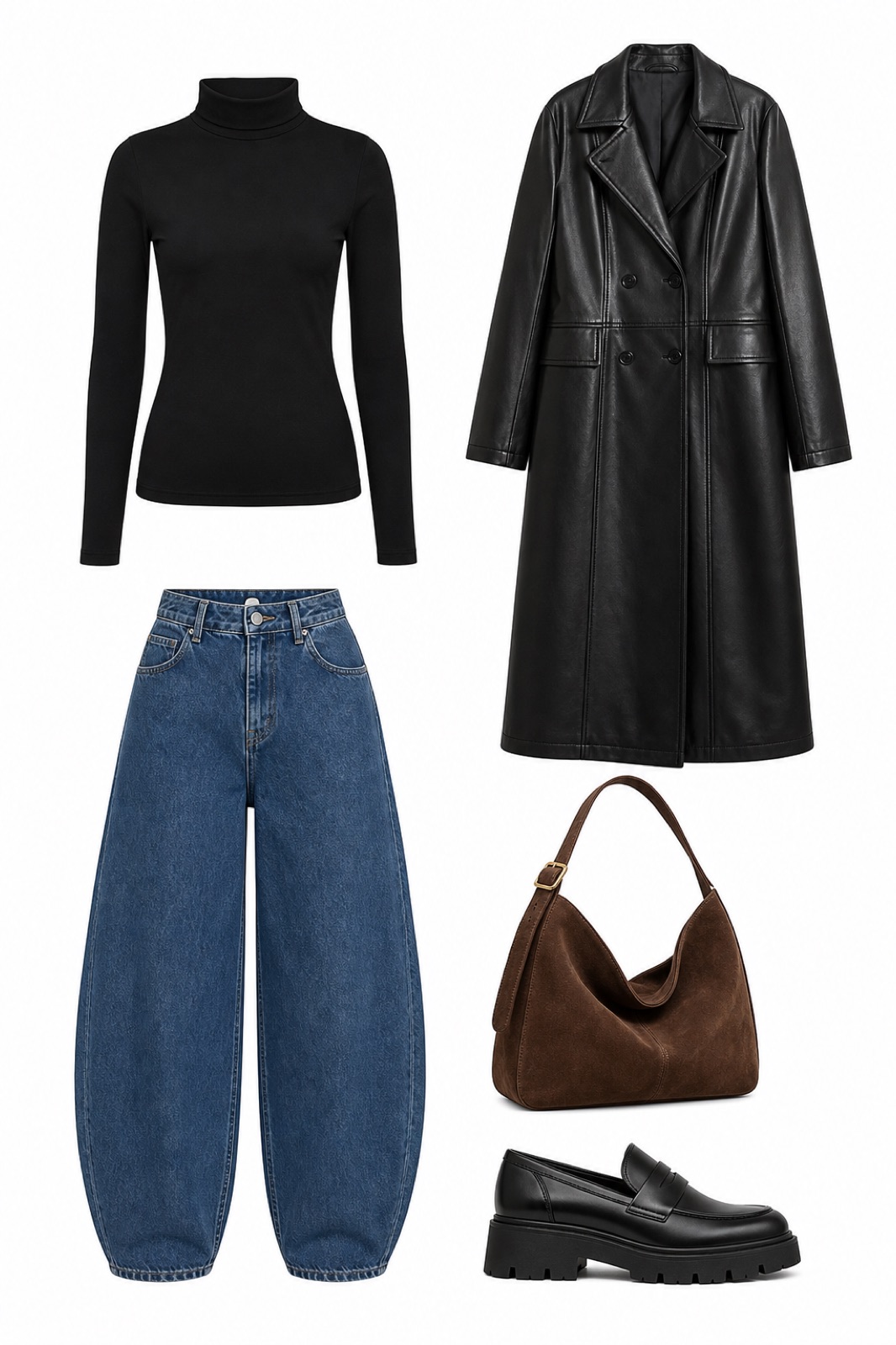 Outfit with Black Womens Loafers Platform Chunky Penny Loafer Office Business, Brown Women's Slouchy Suede Tote Handbag Winter Fall Adjustable Strap, Blue Barrel Jeans for Women Mid High Waisted Baggy Stretchy Balloon curated by @dopasnap
