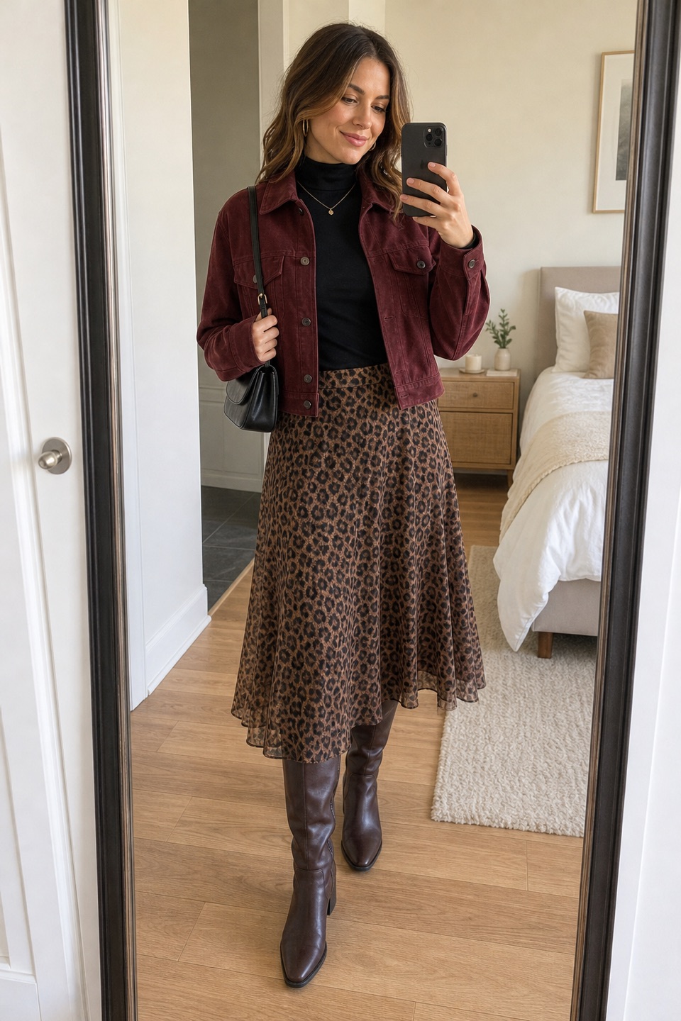 Outfit with Chocolate Brown Knee High Boots Women Tall Boots Size 7, Small Shoulder Bag for Women Cute Mini Purse Trendy (Black), Women Turtleneck Casual Long Sleeve Slim Fitted Layer Tops Shirts curated by @dopasnap