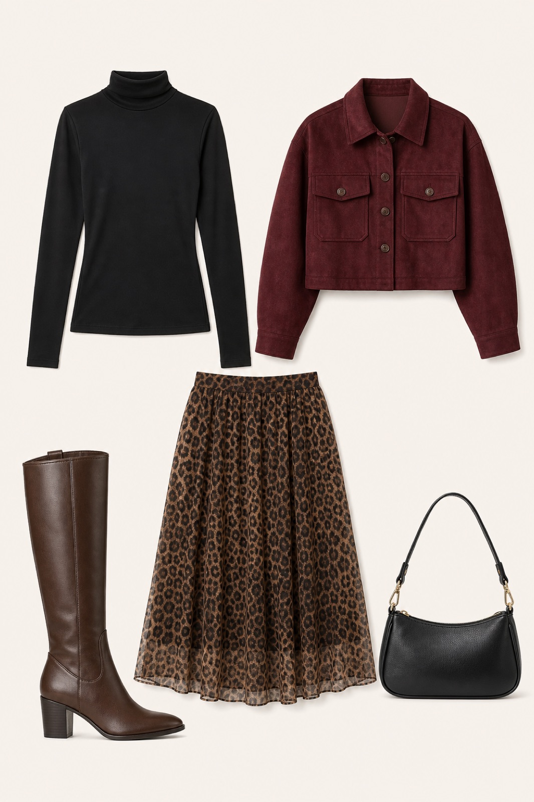 Outfit with Chocolate Brown Knee High Boots Women Tall Boots Size 7, Small Shoulder Bag for Women Cute Mini Purse Trendy (Black), Women Turtleneck Casual Long Sleeve Slim Fitted Layer Tops Shirts curated by @dopasnap