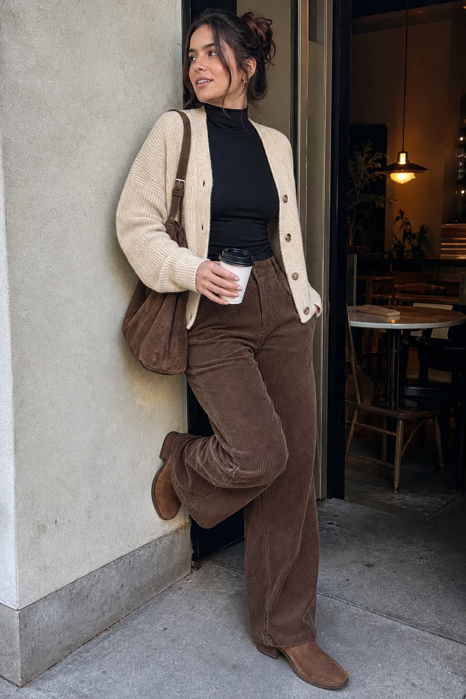 Outfit with Brown Women's Slouchy Suede Tote Handbag Winter Fall Adjustable Strap, Women Turtleneck Casual Long Sleeve Slim Fitted Layer Tops Shirts, Womens High Waisted Wide Leg Corduroy Casual Pants Brown L curated by @dopasnap