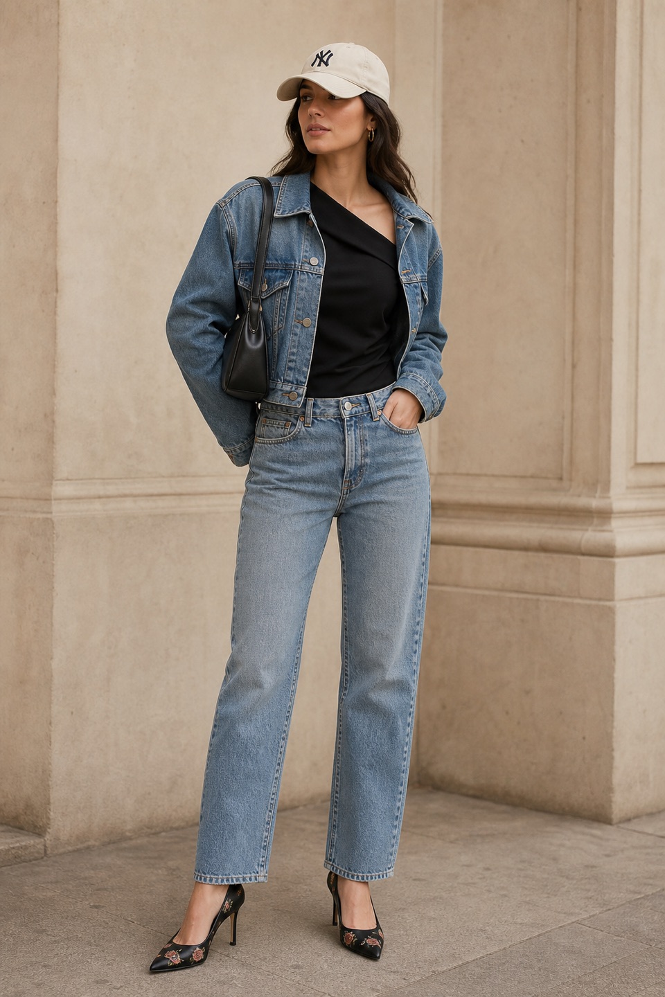 Outfit with Black Asymmetric Neckline Blouse, Straight-Leg Jeans, Cropped Denim Jacket curated by @dopasnap