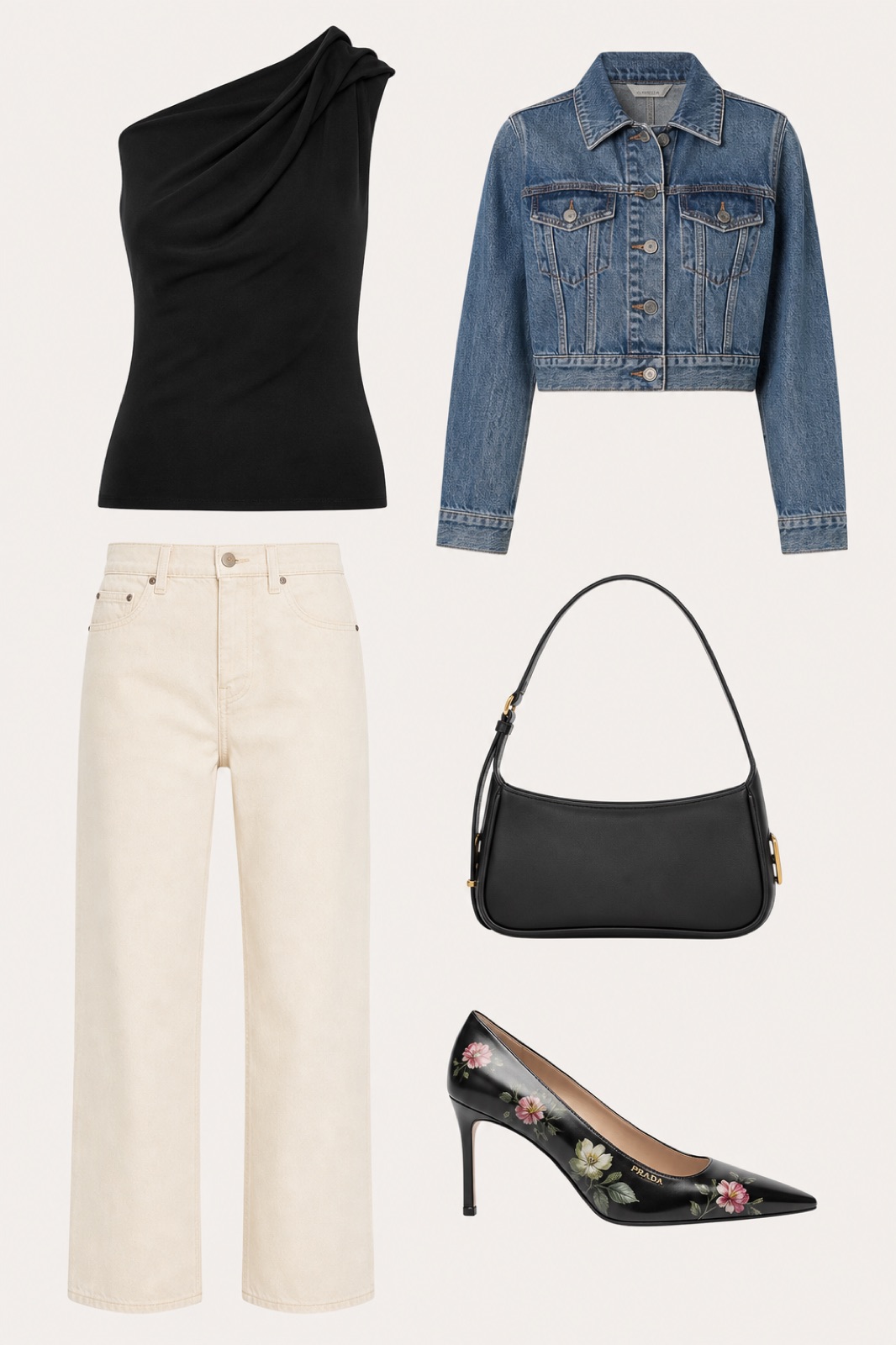Outfit with Black Asymmetric Neckline Blouse, Straight-Leg Jeans, Cropped Denim Jacket curated by @dopasnap