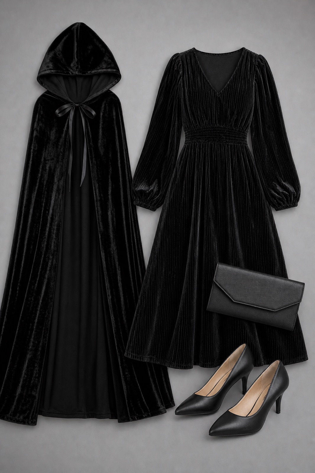 Outfit with Black Women Clutch Bag Dressy Formal Handbag Pleated PU Clutch Purse, Black Heels High Closed Toe Women's Pumps Pointed Dress Shoes, Women's Velvet Midi Dress Casual V Neck Long Sleeve Solid Color curated by @dopasnap