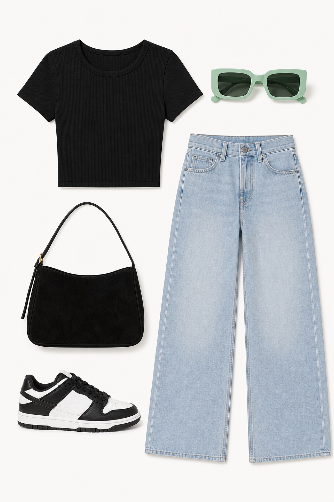 Outfit with Black Cropped Ribbed Cotton T-Shirt, Light blue Wide-Leg Cotton Jeans, Black & White Sneakers curated by @dopasnap