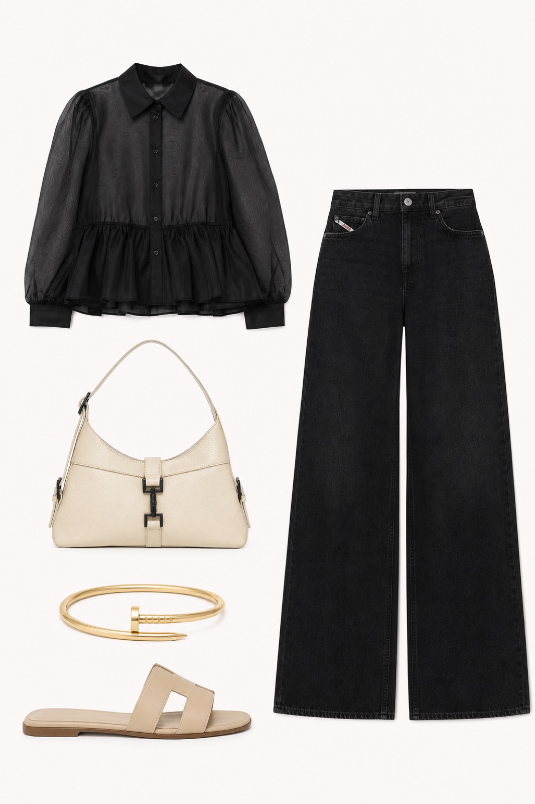 Outfit with Black Peplum Organza Shirt, Black Wide-Leg Jeans, Leather Slide Sandals curated by @dopasnap