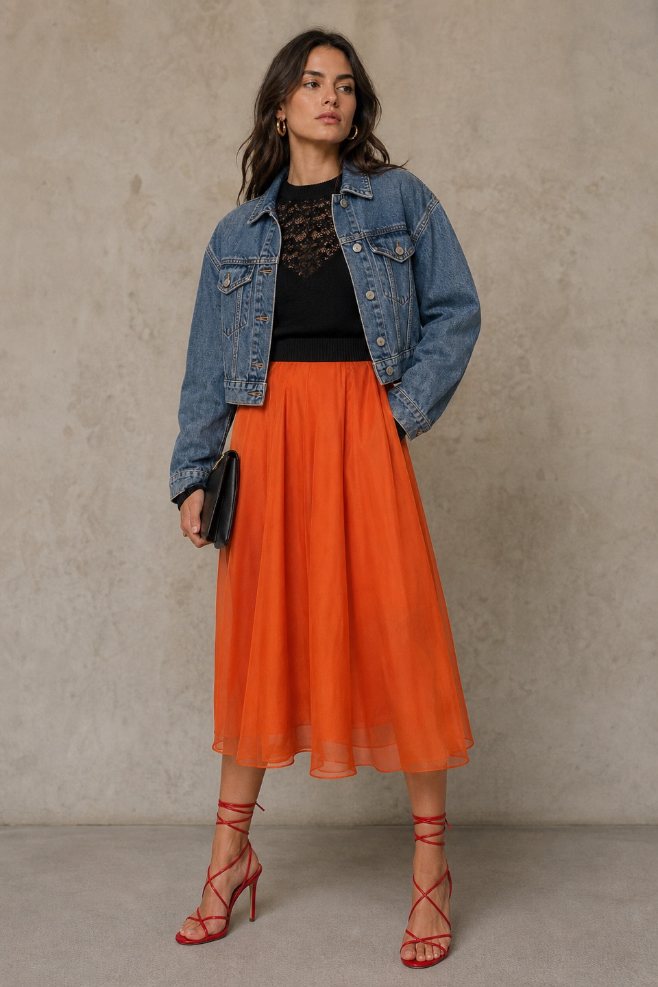 Outfit with Black Lace-Insert Sweater, Orange Silk Organza Skirt, Red Lace-Up Heeled Sandals curated by @dopasnap