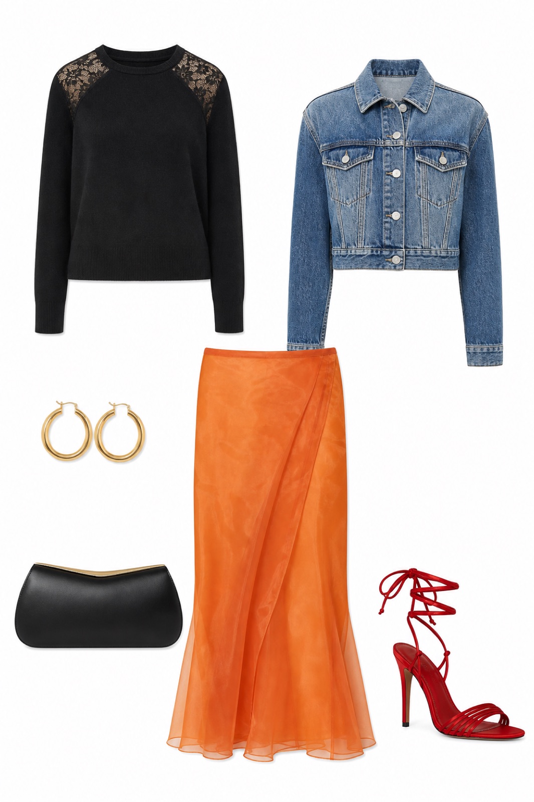 Outfit with Black Lace-Insert Sweater, Orange Silk Organza Skirt, Red Lace-Up Heeled Sandals curated by @dopasnap