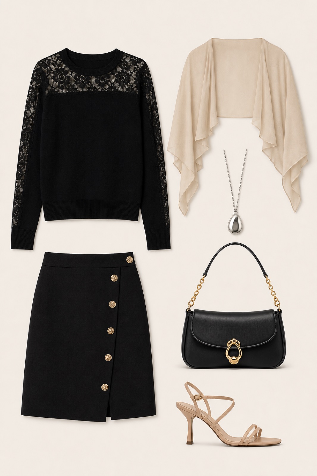 Outfit with Black Lace-Insert Sweater, Black Button-Detail Skirt, Strappy Heeled Sandals curated by @dopasnap