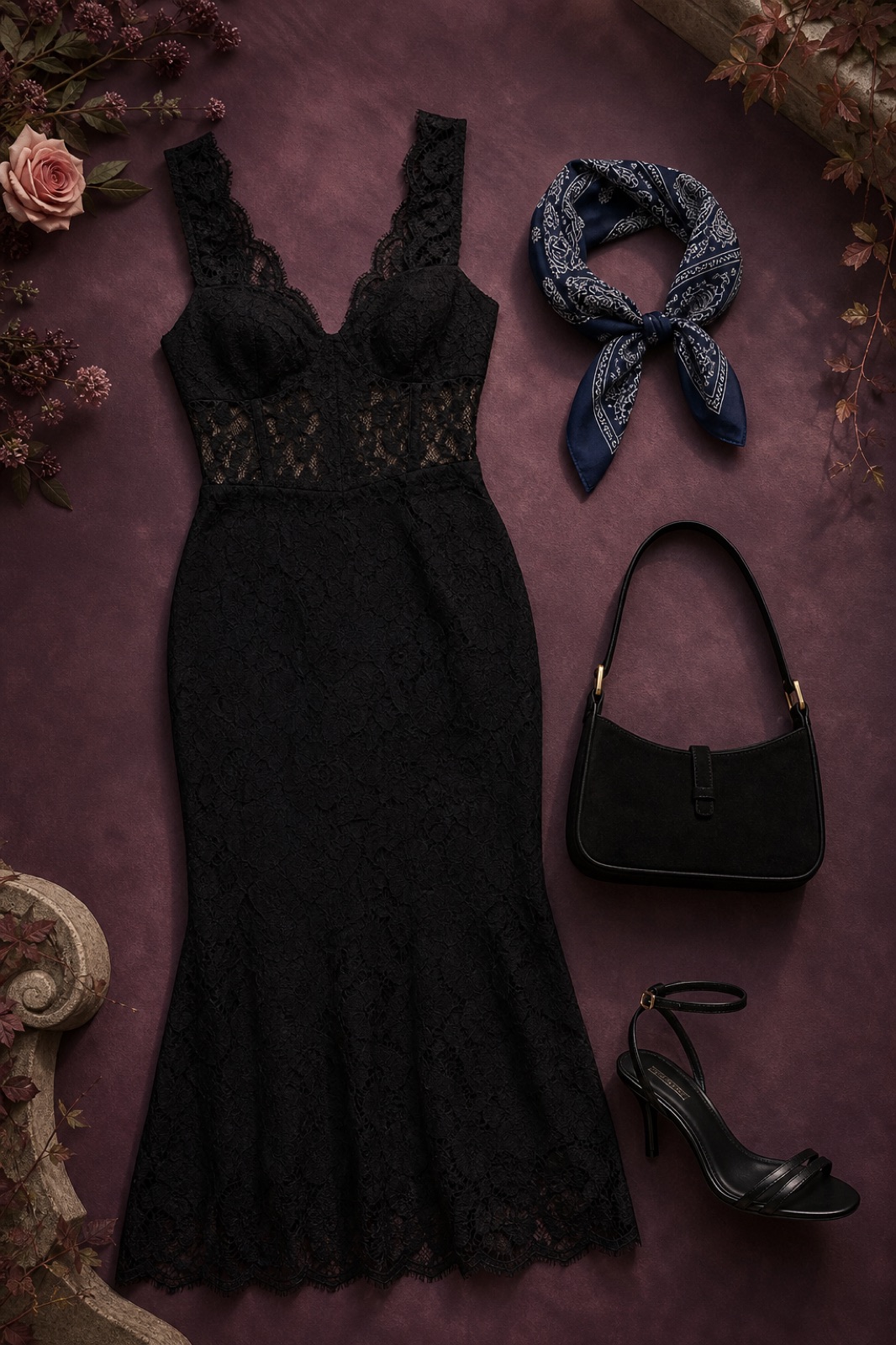 Outfit with Black Lace-Panel Cocktail Dress, Black strappy leather heel sandals, Black Suede Shoulder Bag curated by @dopasnap