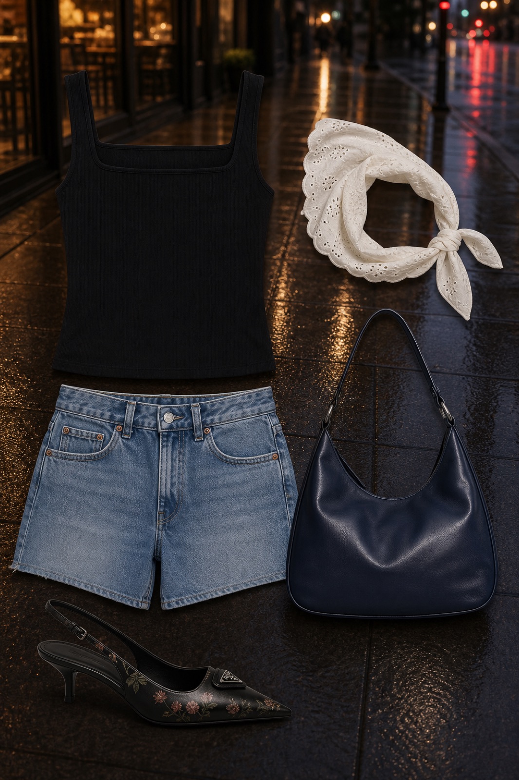 Outfit with black square neck tank top, Denim Shorts, Black Floral-Print Leather Pump curated by @dopasnap