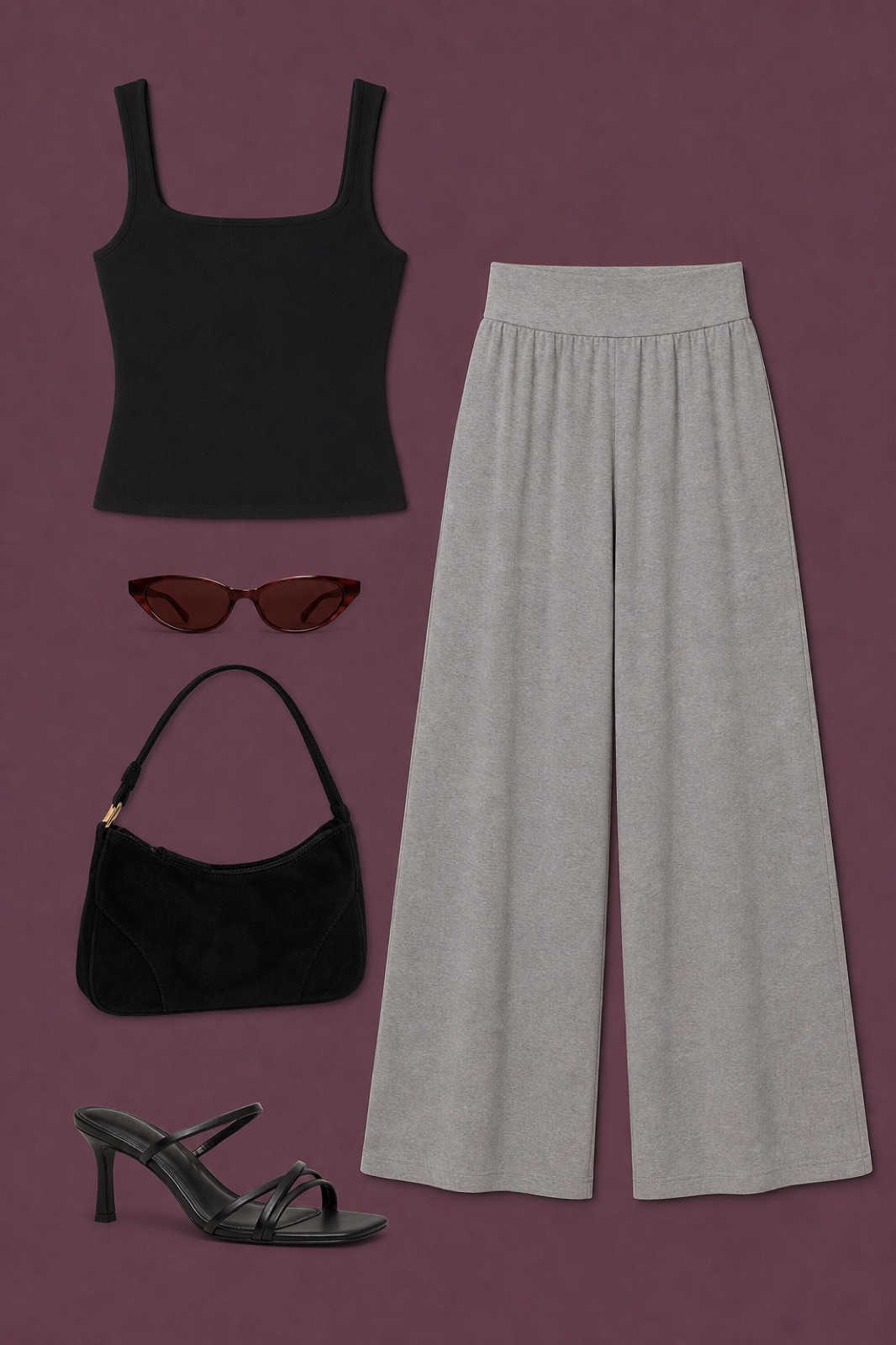 Outfit with black square neck tank top, Gray 2-pack high-waist wide-leg lounge pants, Black strappy leather heel sandals curated by @dopasnap