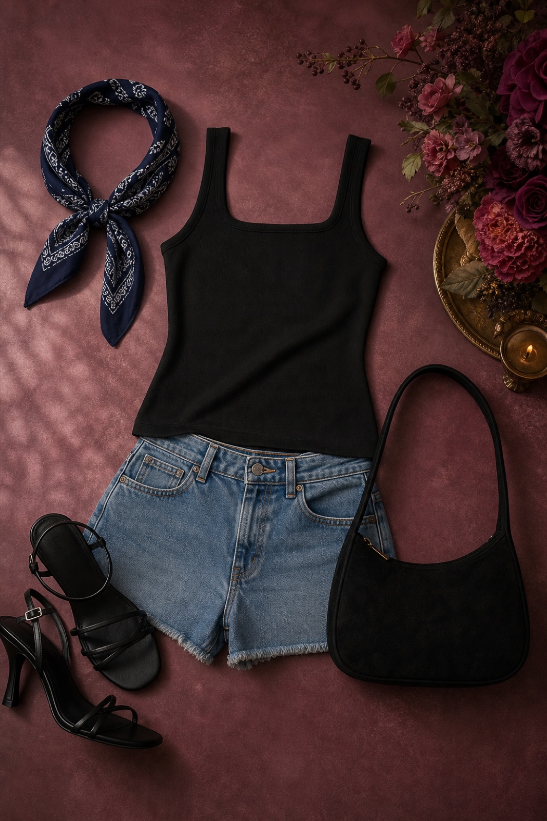 Outfit with black square neck tank top, Denim Shorts, Black strappy leather heel sandals curated by @dopasnap