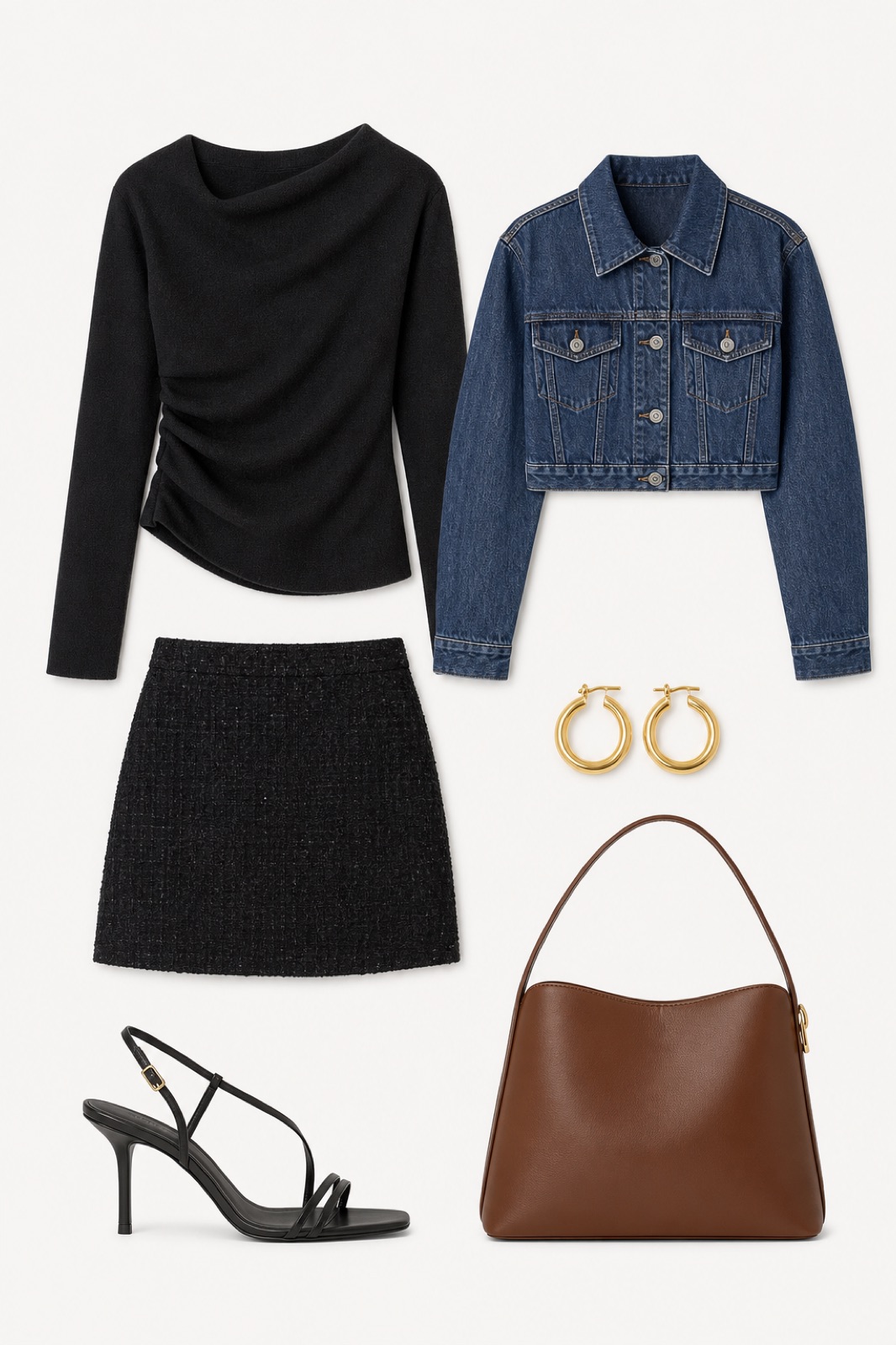 Outfit with Black Draped Wool Sweater, Black Tweed Mini Skirt, Black Strappy Heeled Sandals curated by @dopasnap
