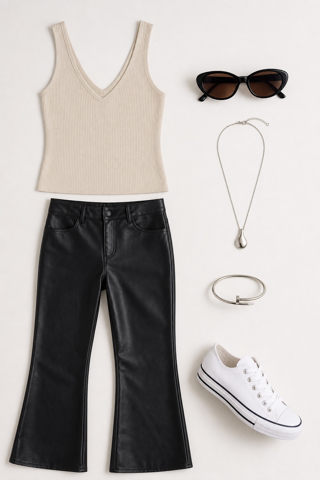Outfit with V-Neck Tank Top, Black Leather Flare Pants, Black oval cat-eye sunglasses with brown tinted lenses curated by @dopasnap