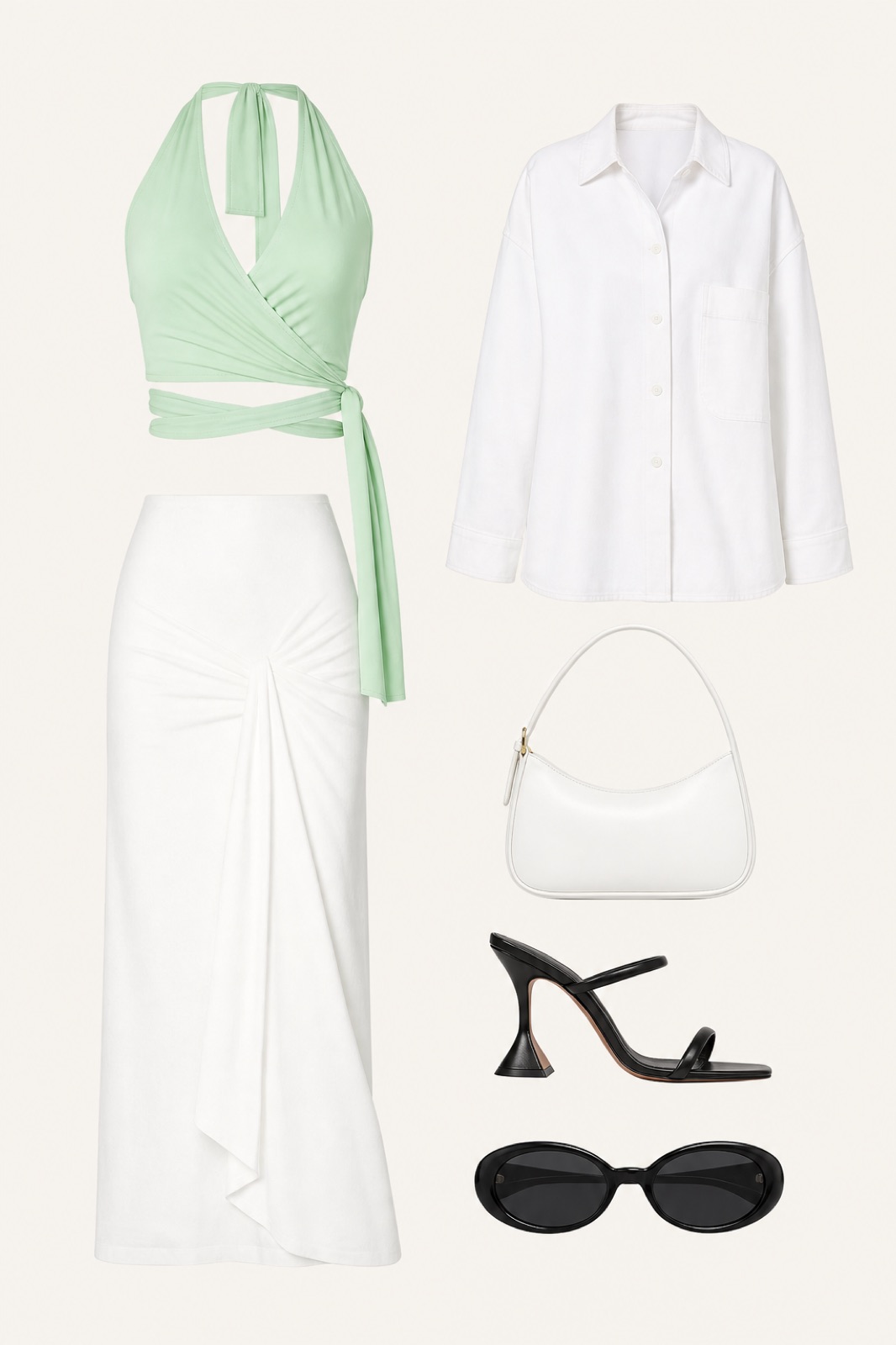 Outfit with Mint green halter wrap crop top, White Skirt, White oversized button-up shirt jacket curated by @dopasnap