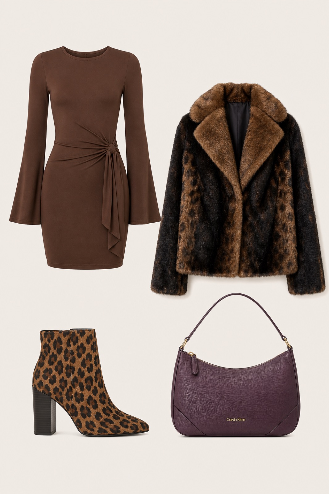Outfit with Women Bell Long Sleeve Tie Waist Bodycon Mini Dress, Brown Women's Bootie, Purple Top Zip Demi Shoulder Bag curated by @dopasnap