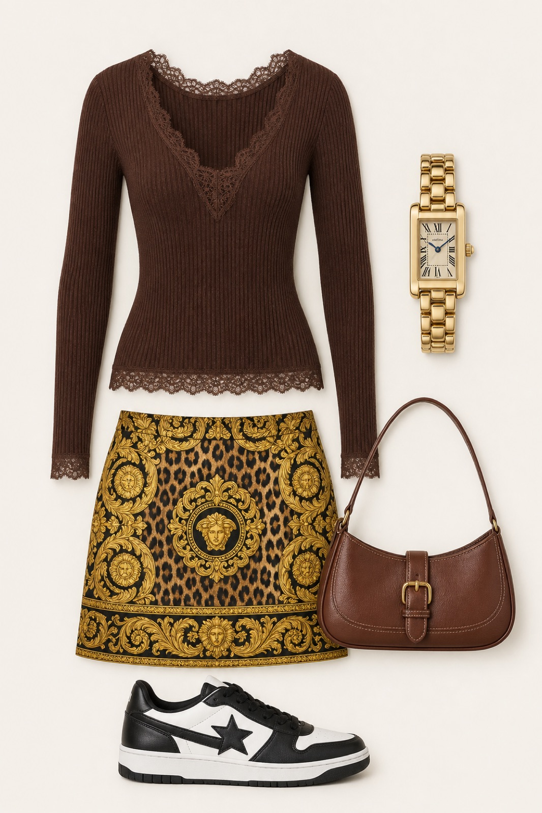 Outfit with Brown Ribbed Lace-Trim Sweater, Gold Cheetah-Print Mini Skirt, Black & White Sneakers curated by @dopasnap