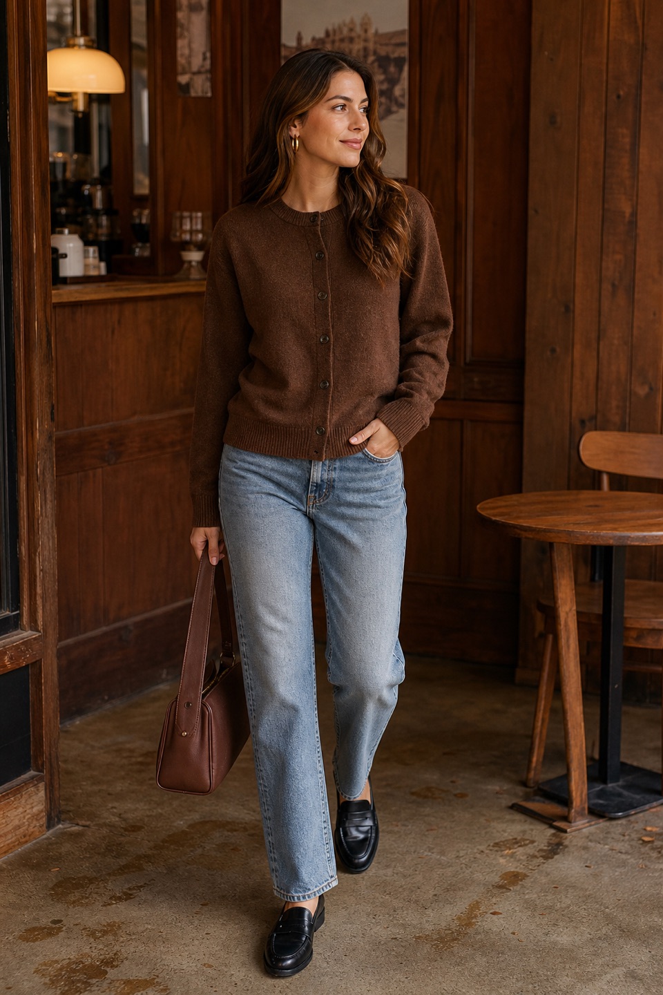 Outfit with brown button-front cardigan sweater, Straight-Leg Jeans, Black leather loafers curated by @dopasnap