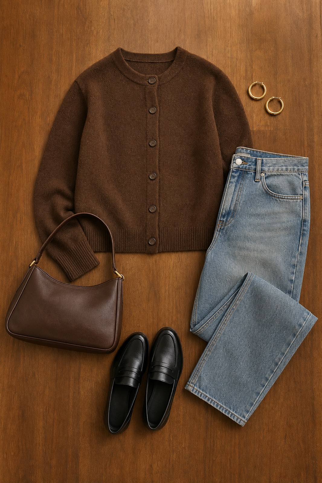 Outfit with brown button-front cardigan sweater, Straight-Leg Jeans, Black leather loafers curated by @dopasnap