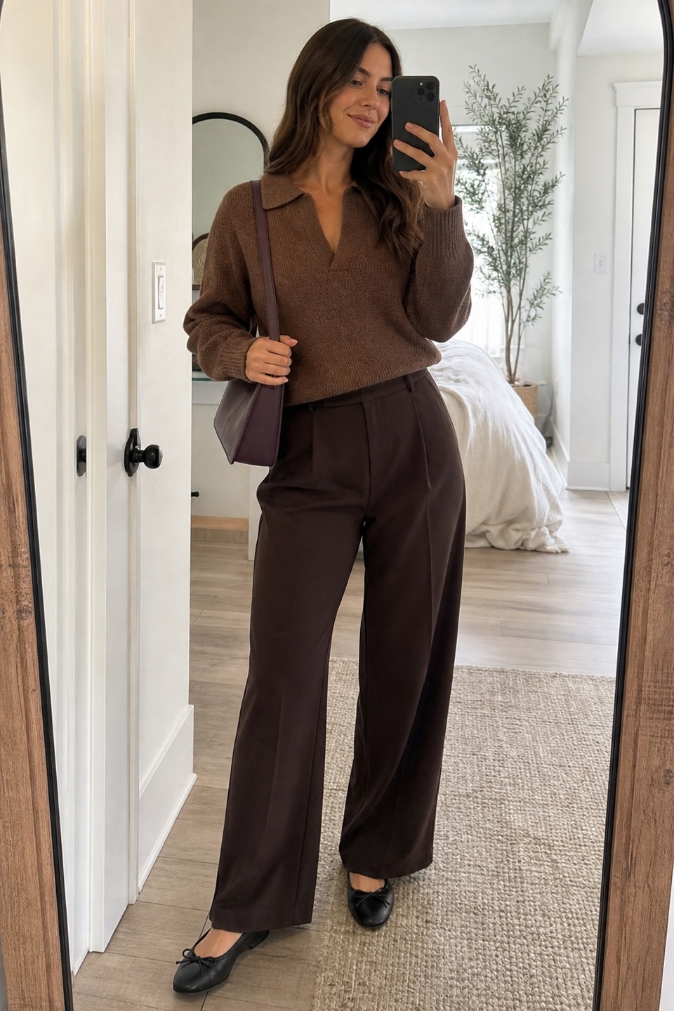 Outfit with Purple Top Zip Demi Shoulder Bag, Sweaters for Women Polo Collared Knit Long Sleeve Pullover, Women's Tailored Wide Leg Work Dress Pants curated by @dopasnap