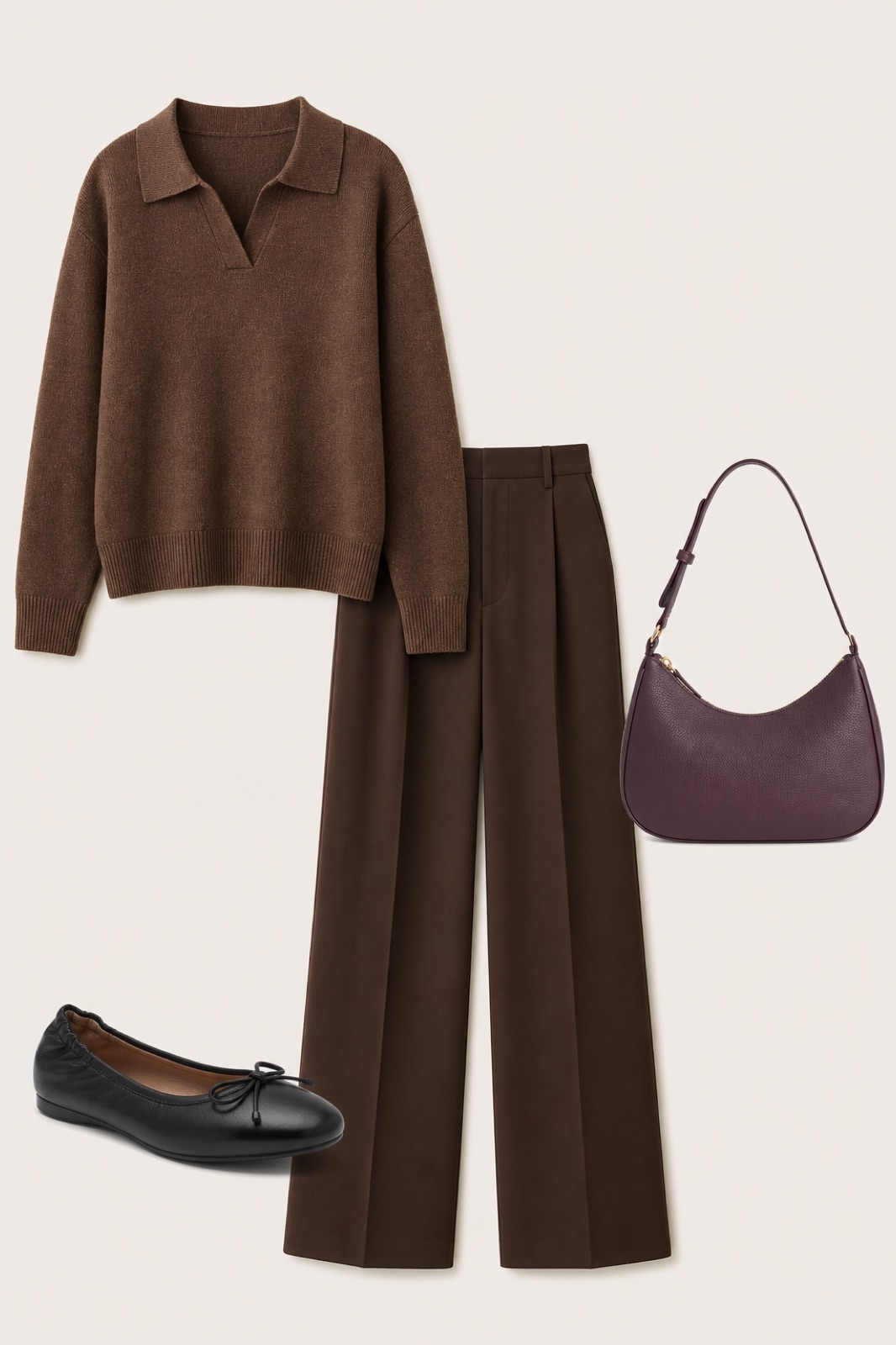 Outfit with Purple Top Zip Demi Shoulder Bag, Sweaters for Women Polo Collared Knit Long Sleeve Pullover, Women's Tailored Wide Leg Work Dress Pants curated by @dopasnap