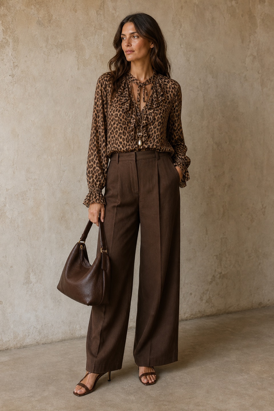 Outfit with Brown Leopard-Print Blouse, Brown Wide-Leg Trousers, Brown Heeled Sandals curated by @dopasnap