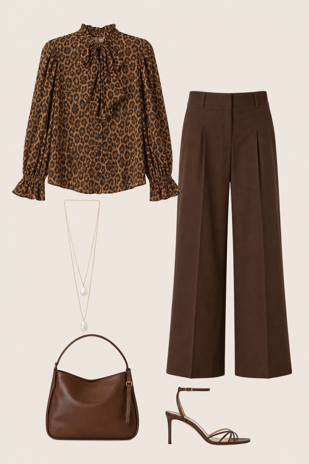 Outfit with Brown Leopard-Print Blouse, Brown Wide-Leg Trousers, Brown Heeled Sandals curated by @dopasnap