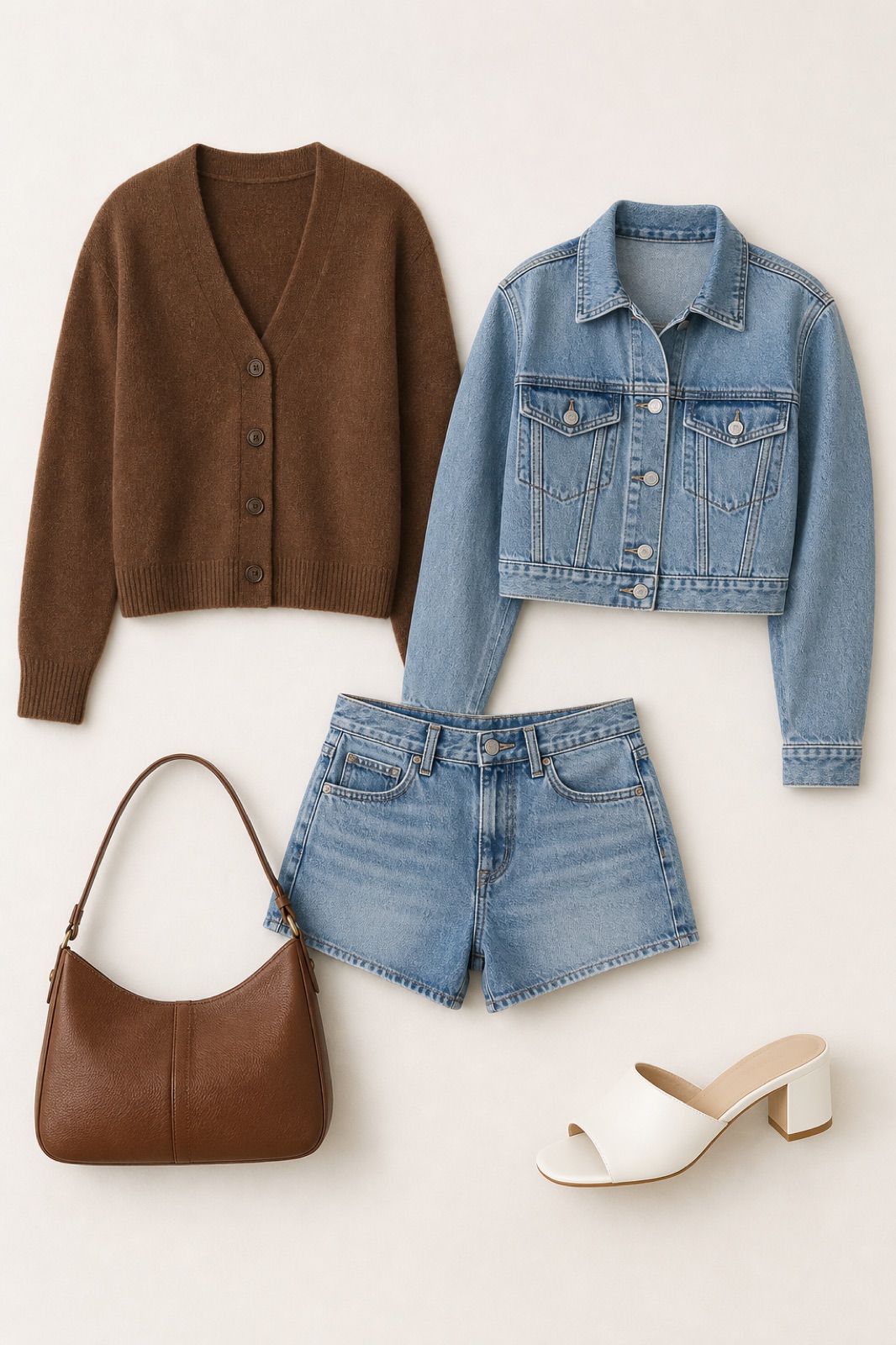 Outfit with brown button-front cardigan sweater, Denim Shorts, Cropped Denim Jacket curated by @dopasnap