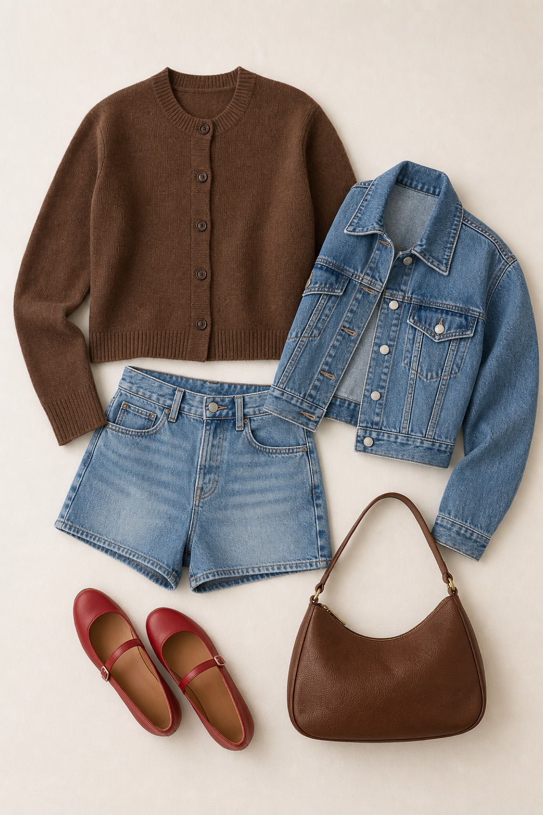 Outfit with brown button-front cardigan sweater, Denim Shorts, Cropped Denim Jacket curated by @dopasnap