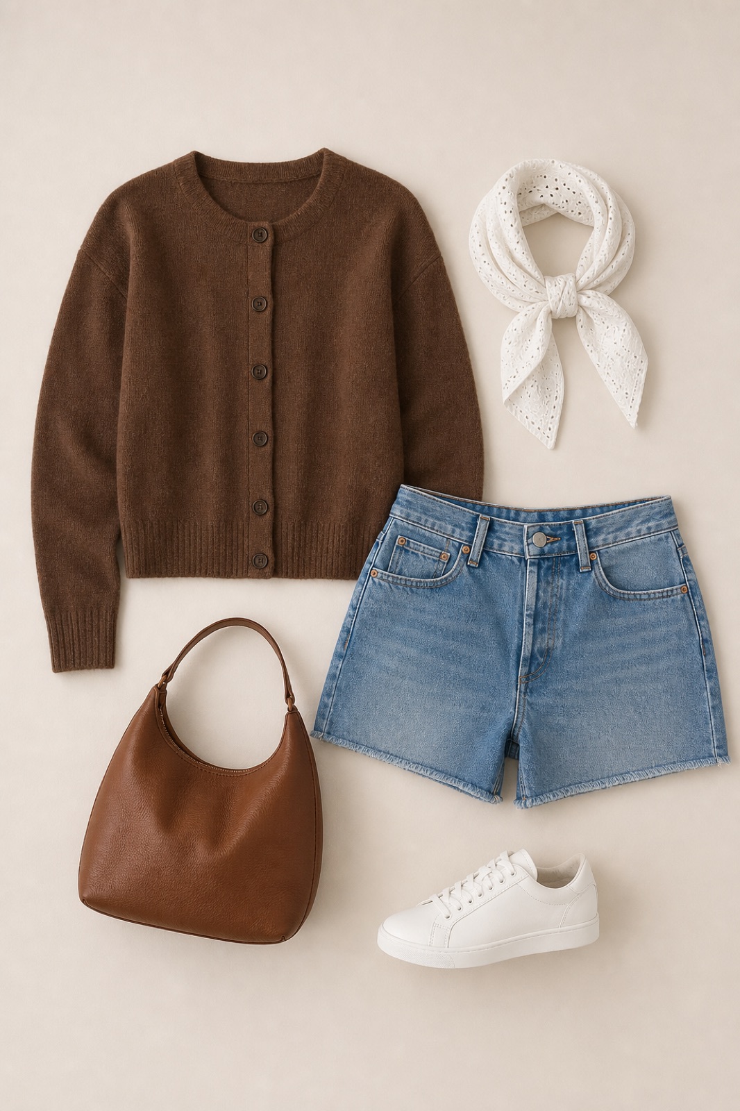Outfit with brown button-front cardigan sweater, Denim Shorts, White Sneakers curated by @dopasnap