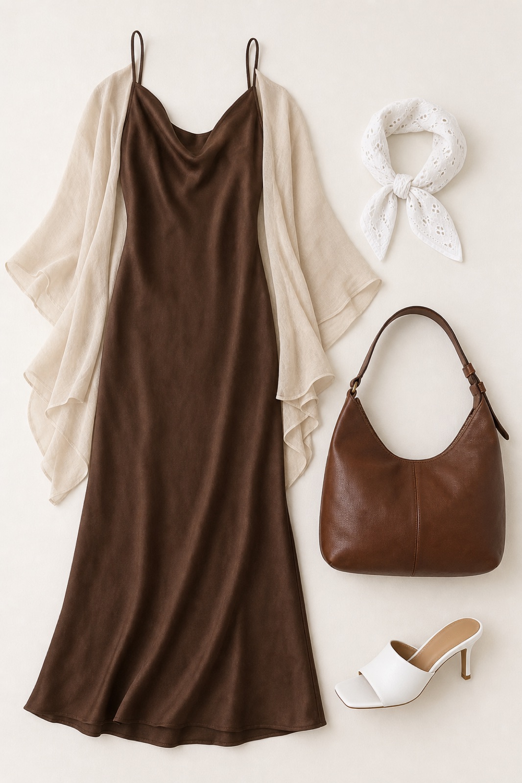 Outfit with Brown Espresso satin slip dress, Chiffon Cape Shrug, White Mule Heels curated by @dopasnap