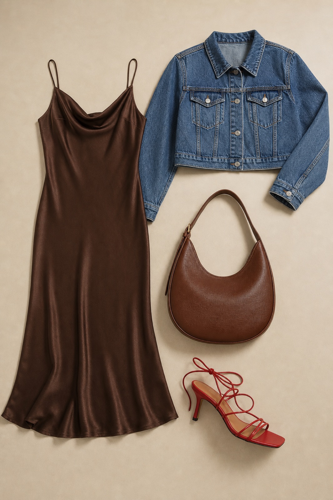 Outfit with Brown Espresso satin slip dress, Cropped Denim Jacket, red LACE UP HEEL sandals curated by @dopasnap