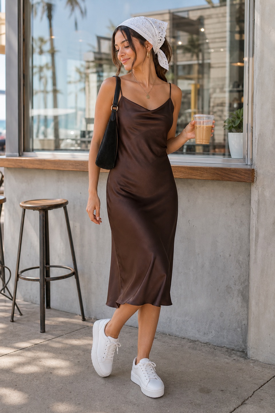 Outfit with Brown Espresso satin slip dress, White platform sneakers, Black Suede Shoulder Bag curated by @dopasnap
