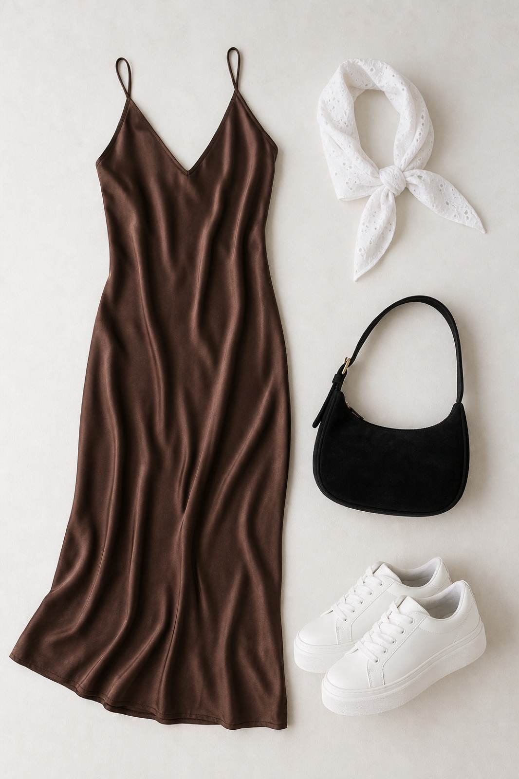 Outfit with Brown Espresso satin slip dress, White platform sneakers, Black Suede Shoulder Bag curated by @dopasnap