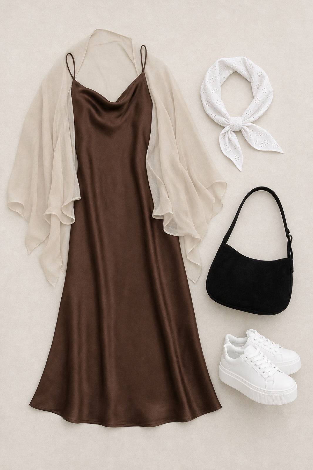 Outfit with Brown Espresso satin slip dress, Chiffon Cape Shrug, White platform sneakers curated by @dopasnap