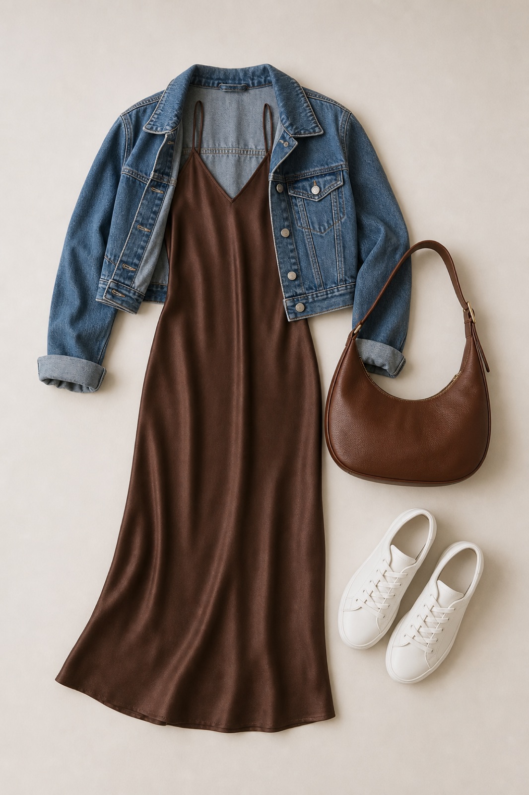 Outfit with Brown Espresso satin slip dress, Cropped Denim Jacket, White leather low-top sneakers curated by @dopasnap