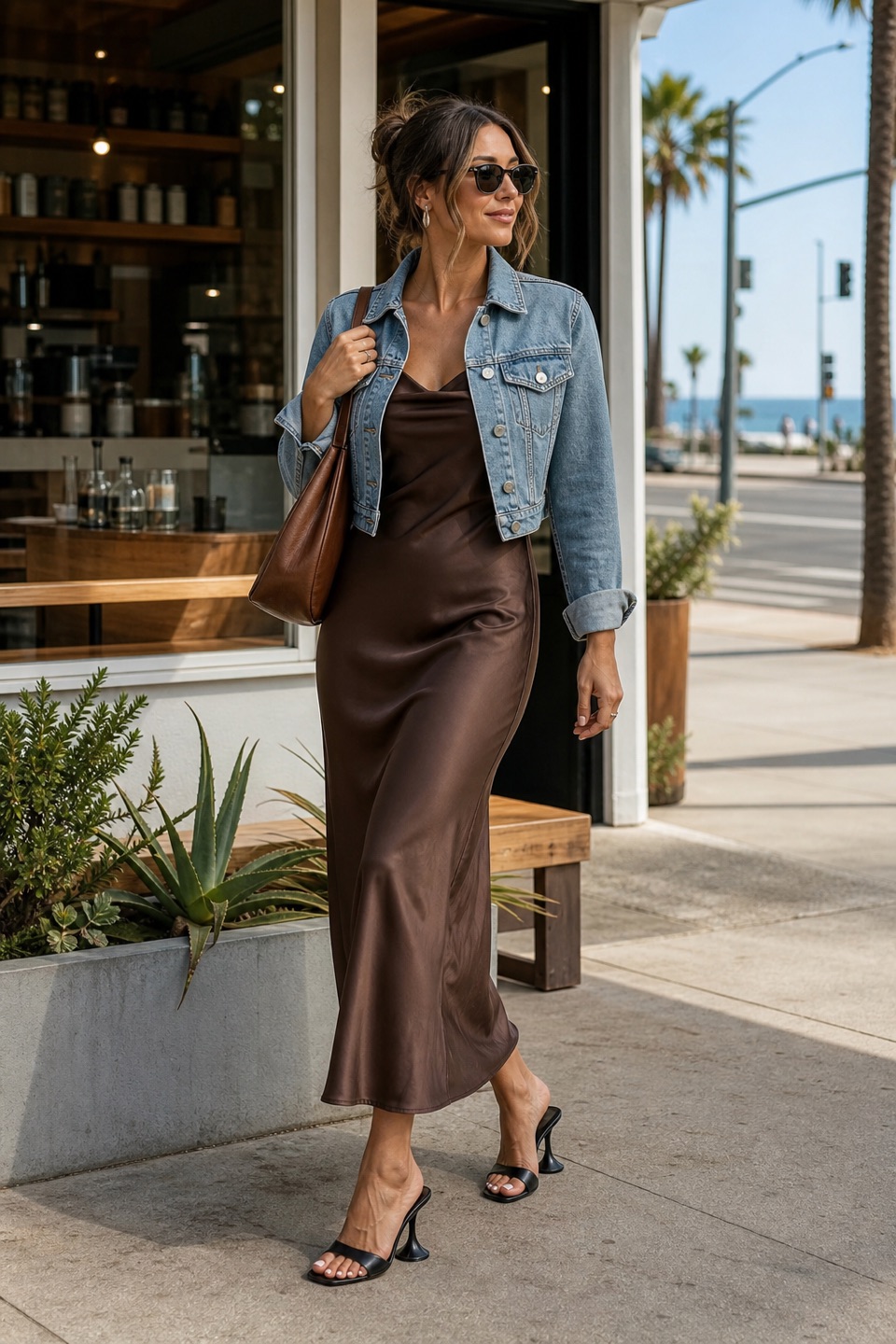 Outfit with Brown Espresso satin slip dress, Cropped Denim Jacket, Black Sculptural Heel Leather Heel Sandal curated by @dopasnap