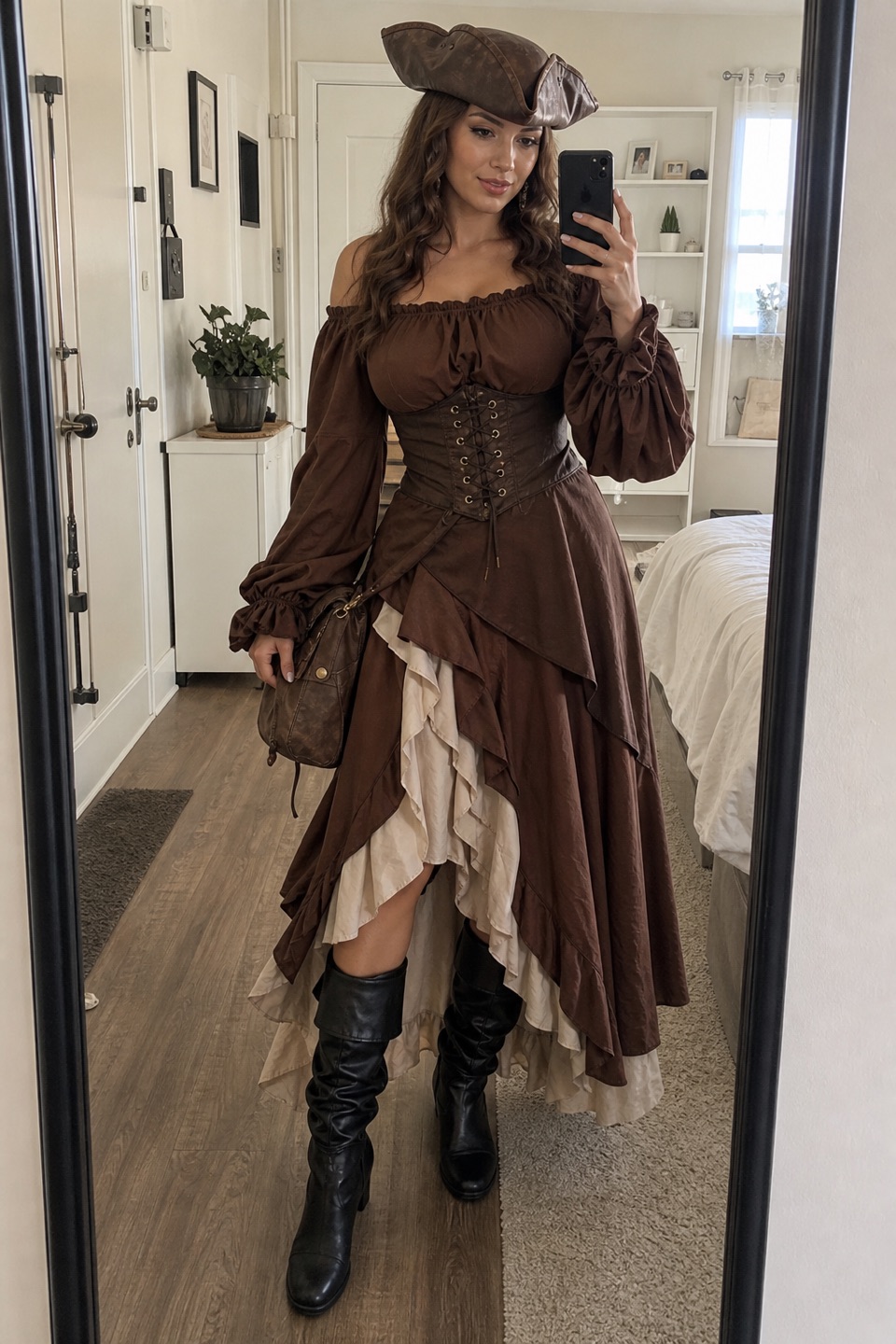 Outfit with Renaissance Costume Women Pirate Outfits Medieval Halloween Tops, Pirate Boots Women Medieval Renaissance Cosplay Costume Boots Black, Pirate-Hat Women Tricorn Brown Pirate Men Leather Faux Leather curated by @dopasnap