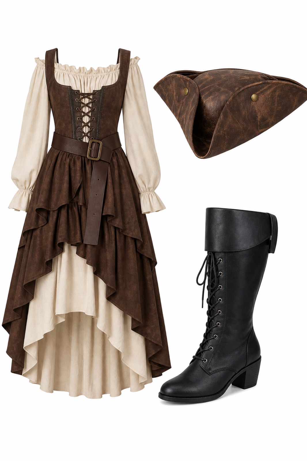 Outfit with Renaissance Costume Women Pirate Outfits Medieval Halloween Tops, Pirate Boots Women Medieval Renaissance Cosplay Costume Boots Black, Pirate-Hat Women Tricorn Brown Pirate Men Leather Faux Leather curated by @dopasnap