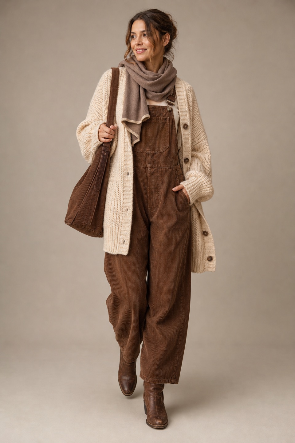 Outfit with Corduroy Overalls for Women Barrel Wide Leg Bib Corduroy Pants Women, Taupe Fine Knitted Scarf Fall and Winter Scarf for Women and Men, Cream Womens Oversized Cardigans Long Lantern Sleeve Button Down curated by @dopasnap