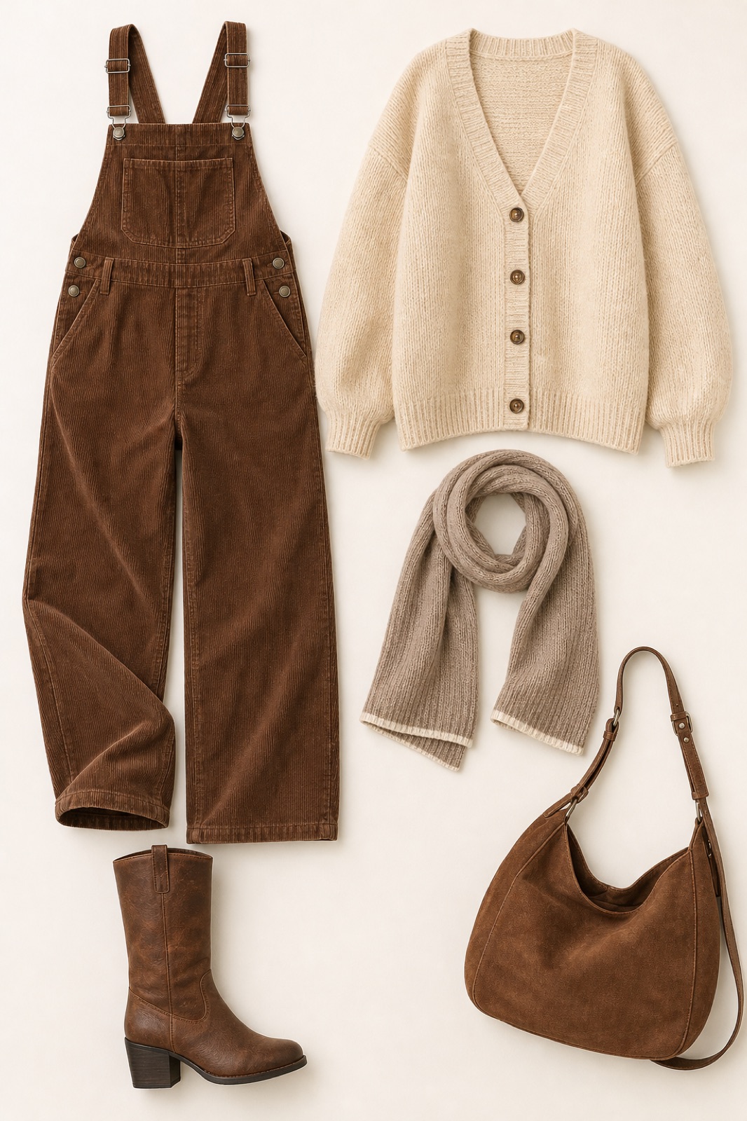 Outfit with Corduroy Overalls for Women Barrel Wide Leg Bib Corduroy Pants Women, Taupe Fine Knitted Scarf Fall and Winter Scarf for Women and Men, Cream Womens Oversized Cardigans Long Lantern Sleeve Button Down curated by @dopasnap