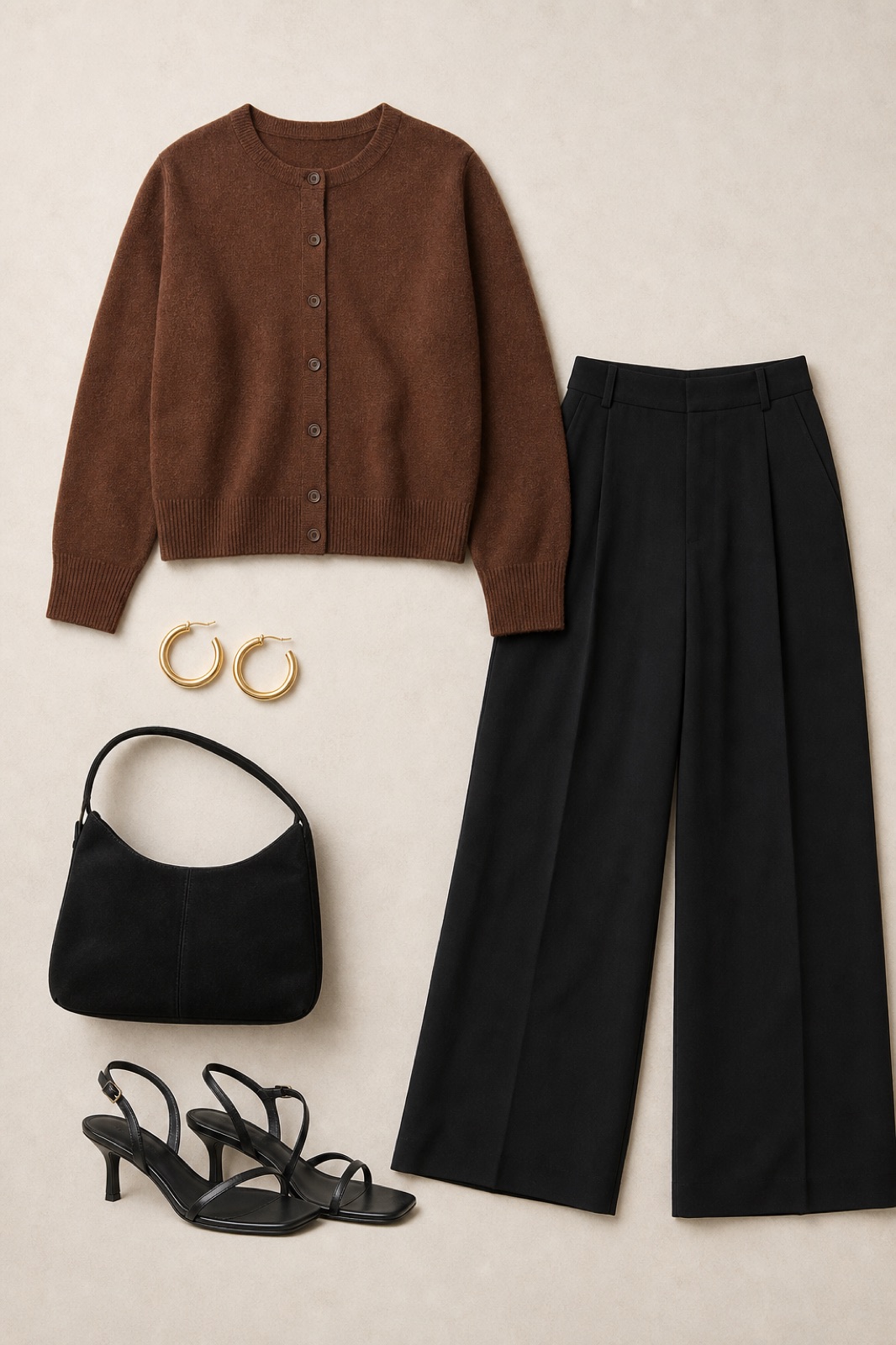 Outfit with brown button-front cardigan sweater, black high-waist wide-leg pants, Black strappy leather heel sandals curated by @dopasnap
