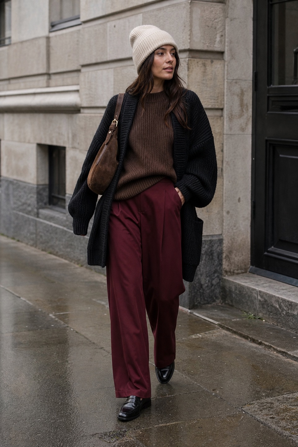 Outfit with Black Women Chunky Cable Knit Cardigan Sweaters Fall Fashion Clothes, Brown Oversized Sweaters for Women Fall Fashion Outfits Clothes, Burgundy Women's High Waisted Corduroy Pants Casual curated by @dopasnap