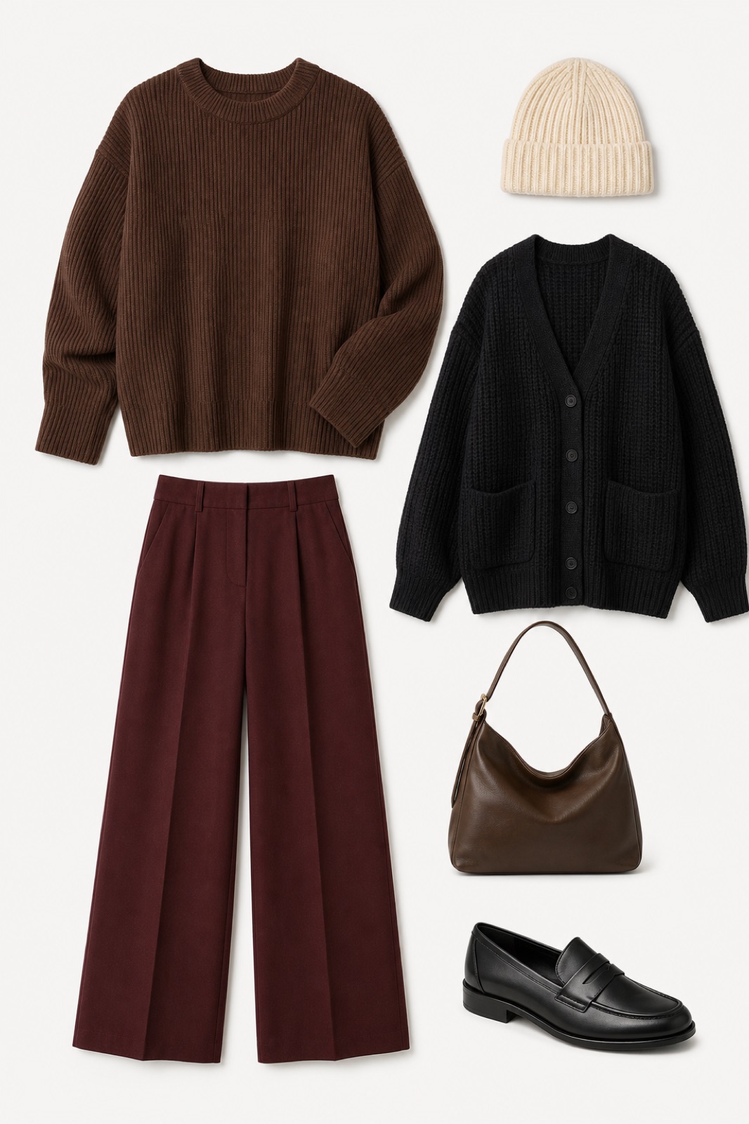 Outfit with Black Women Chunky Cable Knit Cardigan Sweaters Fall Fashion Clothes, Brown Oversized Sweaters for Women Fall Fashion Outfits Clothes, Burgundy Women's High Waisted Corduroy Pants Casual curated by @dopasnap