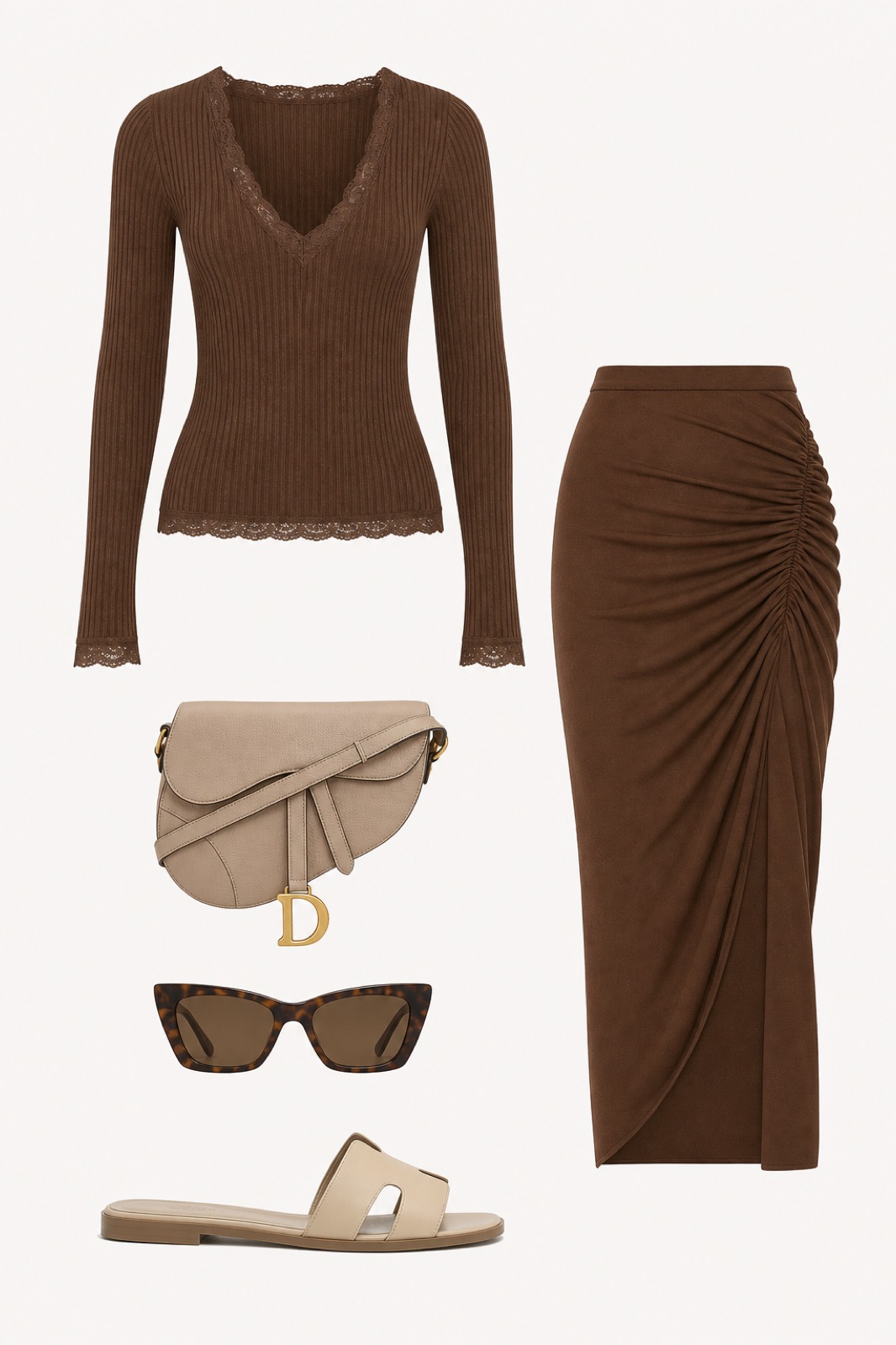 Outfit with Brown Ribbed Lace-Trim Sweater, Brown Bodycon Skirt, Slide Sandals curated by @dopasnap